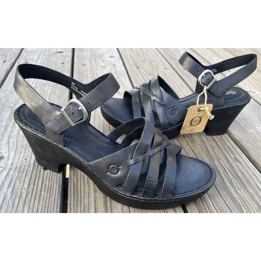 New! Born Women's 9M Black Leather Wedge Slingback Sandals